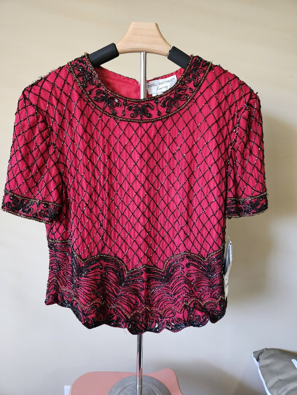 NWT Vintage Papell Boutique Silk Black Beaded Blouse - Size XL